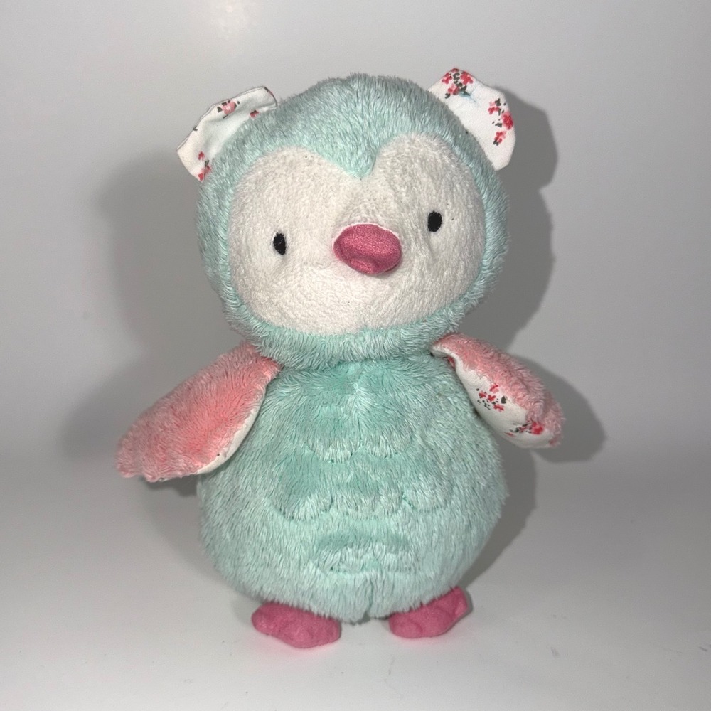 Carters Plush Owl Stuffed Animal Aqua Pink Floral Wings Ears Soft Toy